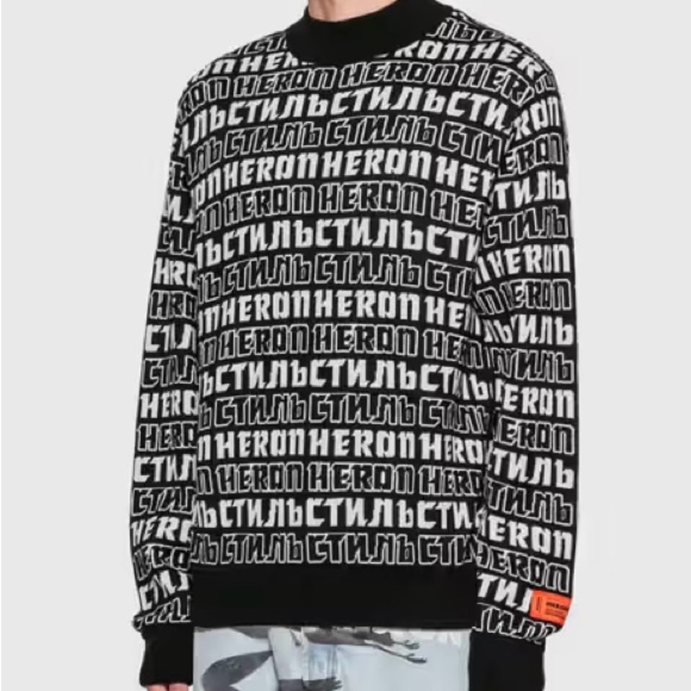 Heron Preston Black & White All-Over Logo Crewneck Sweater